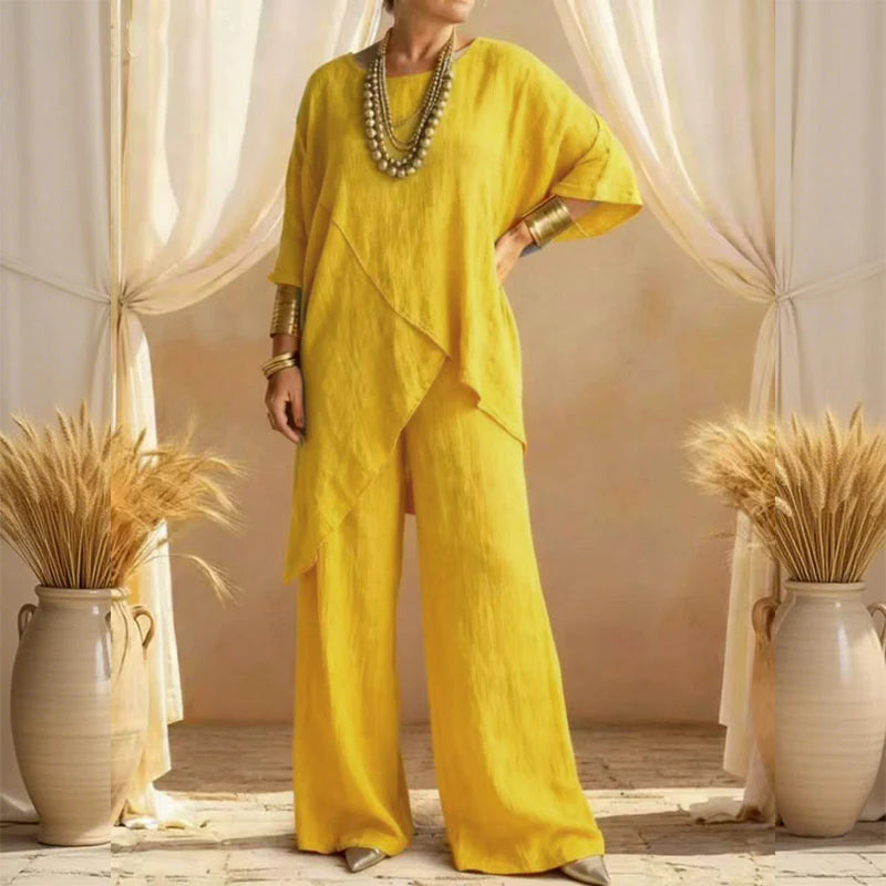 📿Ingyenes gyönyörű nyaklánc🌿 Könnyű széles szárú outfit✨ Aszimmetrikus kétrészes szett – Laza szabás és modern stílus!