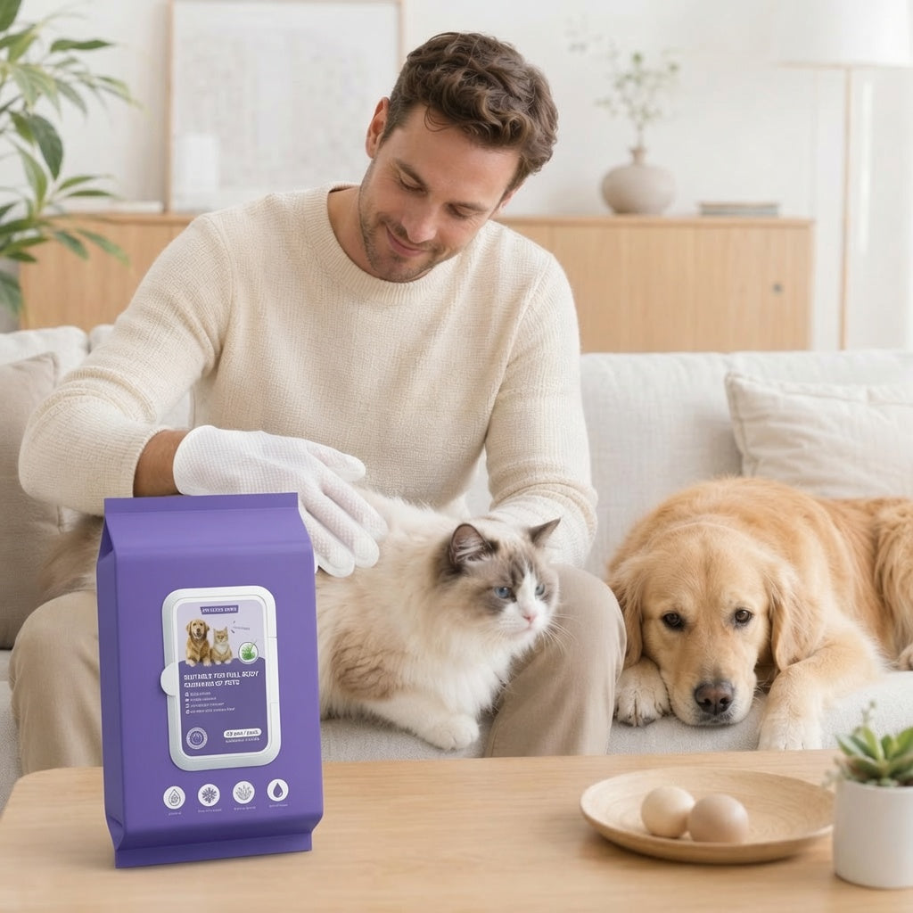 🐕🧤 Öblítés nélküli tisztítókesztyű – Texturált gyöngyházfelület, alkohol- és fehérítőmentes, teljes testre! 🐱✨
