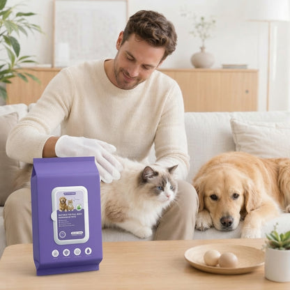 🐕🧤 Öblítés nélküli tisztítókesztyű – Texturált gyöngyházfelület, alkohol- és fehérítőmentes, teljes testre! 🐱✨