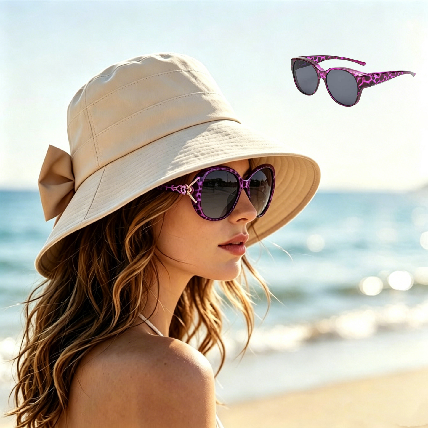 🏖️Napvédő nyaralócsomag🎁Ingyenes napszemüveg🕶️🌞 Védje arcát és nyakát a naptól – 👒Női széles karimájú, összehajtható napkalap masnival！