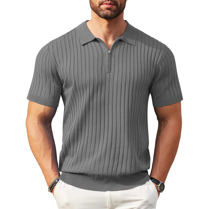 🎁Ingyenes ajándék-📿Gyönyörű karkötő✨ Bordás kötött prémium felső👕 Sportos sziluettű férfi póló – Állítható gallér + negyedzipper, sokoldalú mindennapokra!