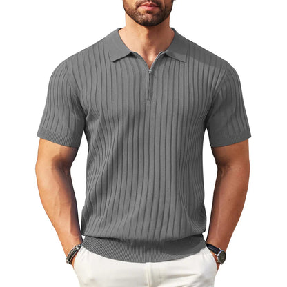 🎁Ingyenes ajándék-📿Gyönyörű karkötő✨ Bordás kötött prémium felső👕 Sportos sziluettű férfi póló – Állítható gallér + negyedzipper, sokoldalú mindennapokra!