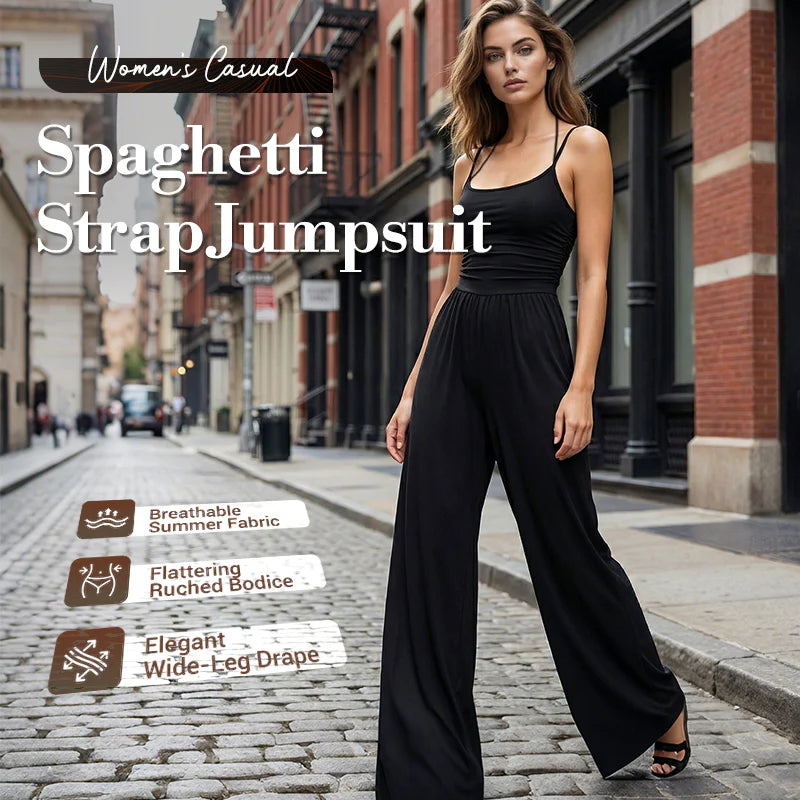 💥50% árcsökkentés 🎁Ingyenes ajándék-📿Gyönyörű nyaklánc🌿 Légáteresztő női együttes✨ Spagetti pántos jumpsuit – Magas derékú, széles szárú és stílusos!