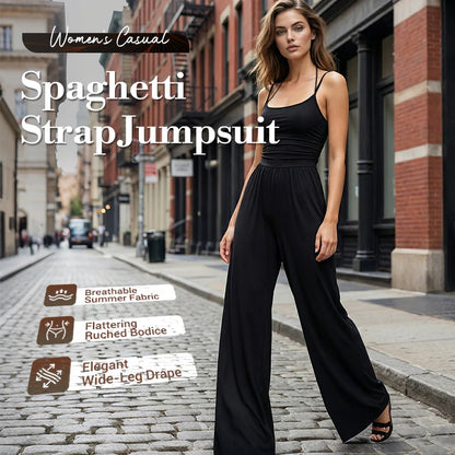 💥50% árcsökkentés 🎁Ingyenes ajándék-📿Gyönyörű nyaklánc🌿 Légáteresztő női együttes✨ Spagetti pántos jumpsuit – Magas derékú, széles szárú és stílusos!