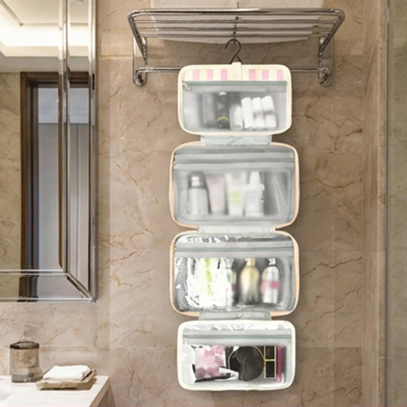 🧳 Csíkos függő toalett táska – 4 átlátszó rekesz + beépített akasztó🚿 Vízálló, könnyen tisztítható！