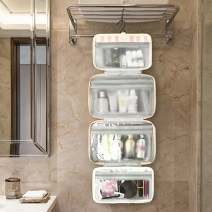 🧳 Csíkos függő toalett táska – 4 átlátszó rekesz + beépített akasztó🚿 Vízálló, könnyen tisztítható！