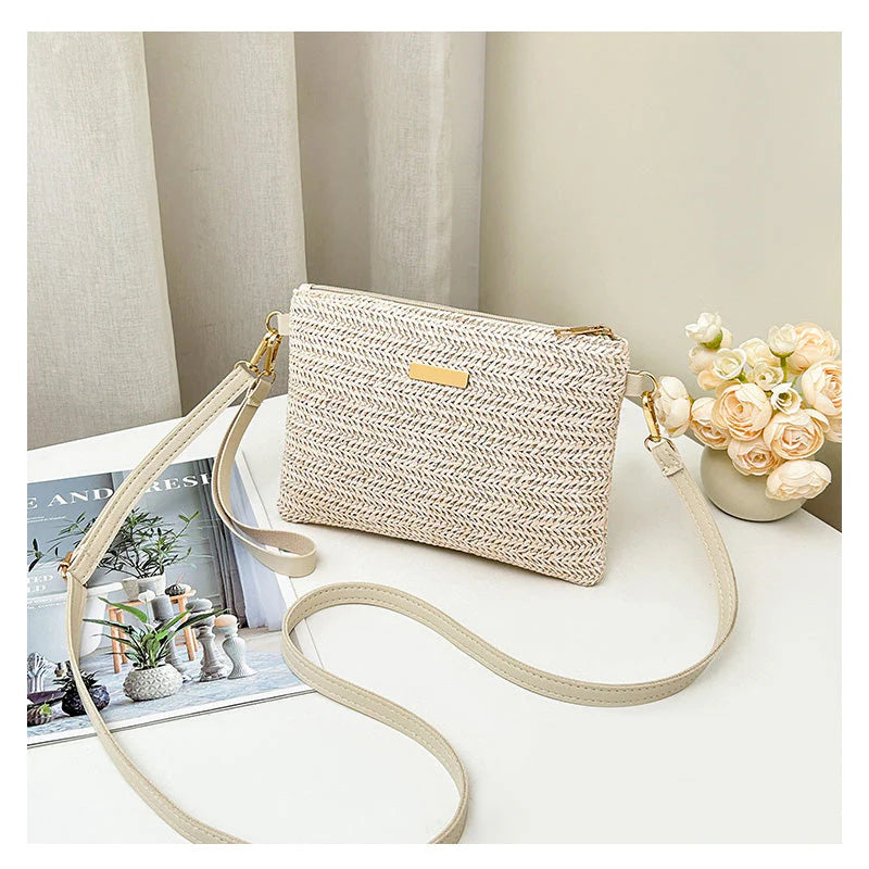 👜✨  Könnyű nyári szőtt válltáska🌾Prémium texturált felület, arany színű cipzá🌸Állítható pánt