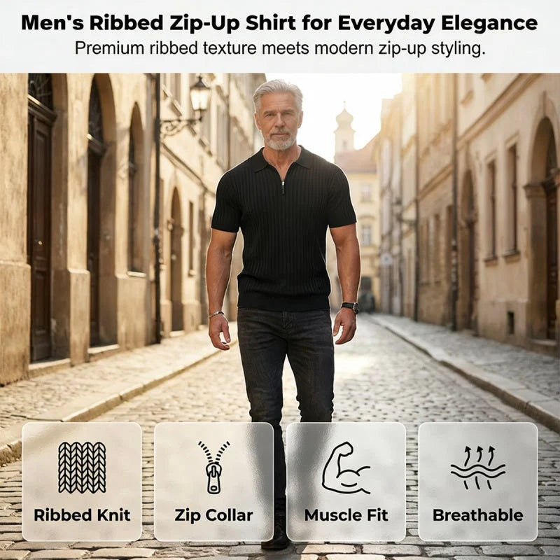 🎁Ingyenes ajándék-📿Gyönyörű karkötő✨ Bordás kötött prémium felső👕 Sportos sziluettű férfi póló – Állítható gallér + negyedzipper, sokoldalú mindennapokra!