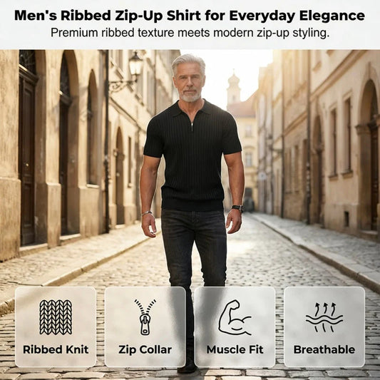 🎁Ingyenes ajándék-📿Gyönyörű karkötő✨ Bordás kötött prémium felső👕 Sportos sziluettű férfi póló – Állítható gallér + negyedzipper, sokoldalú mindennapokra!