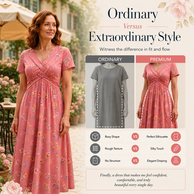 🎁Ingyenes gyönyörű nyaklánc👗🌸 Virágmintás midi ruha– V-nyak, crossover elöl, elegáns drapírozás – Oldalzsebekkel, puha és légáteresztő anyagból 🌿✨