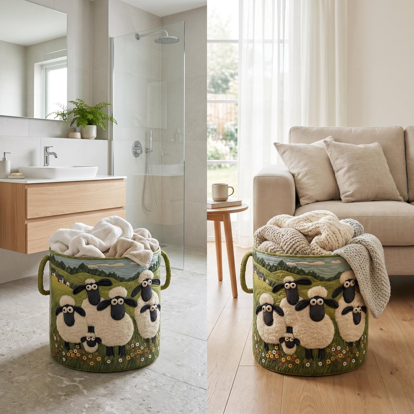 🧺 100%-ban kézzel készített, steppelt kosár – 3D-s birkás kert témájú design – Extra nagy kapacitás, összecsukható – Rusztikus, cottagecore stílusba tökéletes🐑