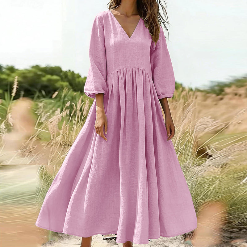 🌸👗 Lenvászon keverék V-nyakú ruha – Laza folyós szabás, puffos ujjakkal, S–2XL-ig! ✨💃