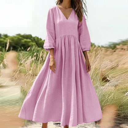 🌸👗 Lenvászon keverék V-nyakú ruha – Laza folyós szabás, puffos ujjakkal, S–2XL-ig! ✨💃