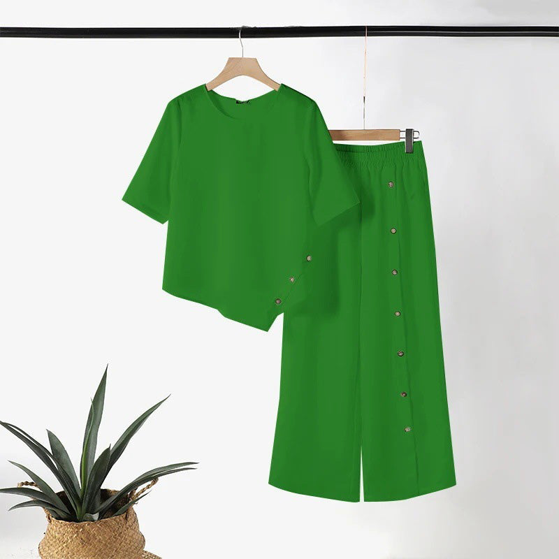 🎁Ingyenes ajándék -📿Gyönyörű nyaklánc👗 Széles szárú, gombos részletekkel díszített szett – Az új, 5 csillagos vásárlói kedvenc!