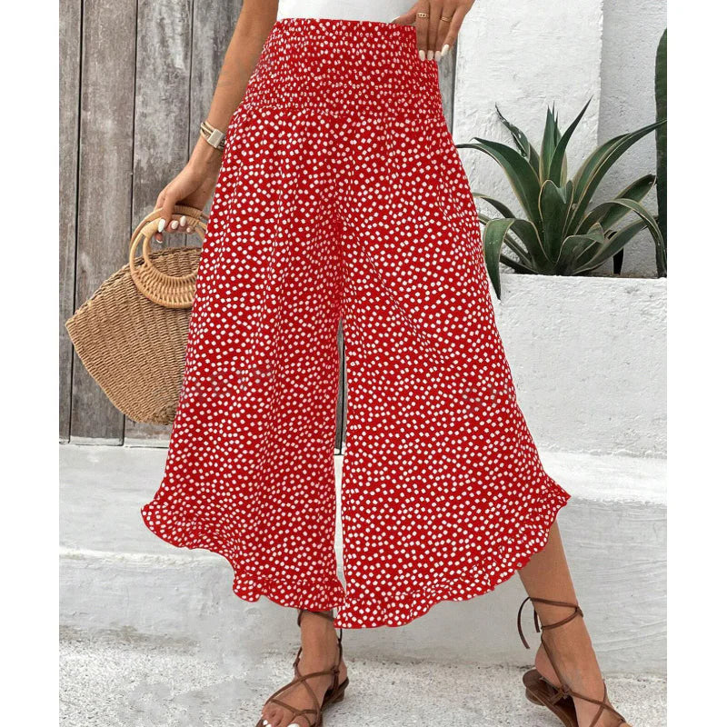 🎁Ingyenes ajándék-📿Gyönyörű nyaklánc💥50% árcsökkentés🌴Ruffle szegélyes trópusi nadrág🌺Pöttyös széles szárú női nadrág – Magas smockos derék, légáteresztő nyári kényelem！