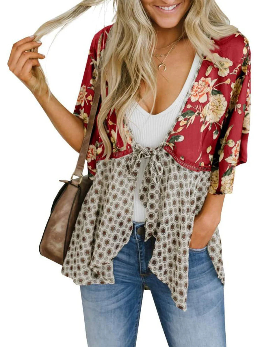 😜50% árcsökkentés 🎁Ingyenes ajándék-📿Gyönyörű nyaklánc🌸 Boho virágmintás sifon kardigán – Könnyű, fodros és sokoldalú nyári stílus!