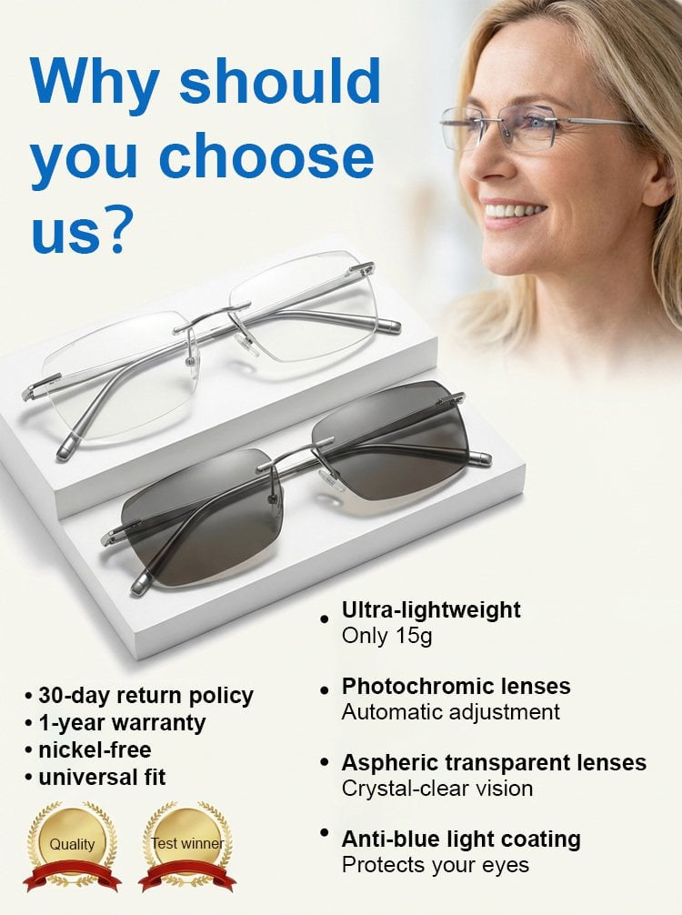 🕶️✨ Ultrakönnyű, keret nélküli olvasószemüveg – Csak 15 g, intelligens autofókusz, fotokróm lencsékkel, amerikai tervezés! 👓💪