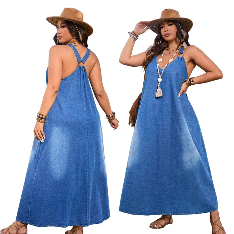 🎁Ingyenes ajándék -📿Gyönyörű nyaklánc☀️ Légáteresztő könnyű denim öltözet✨ Mély V-nyakú farmer maxi ruha – Racerback gyűrűs részlettel, francia elegancia!