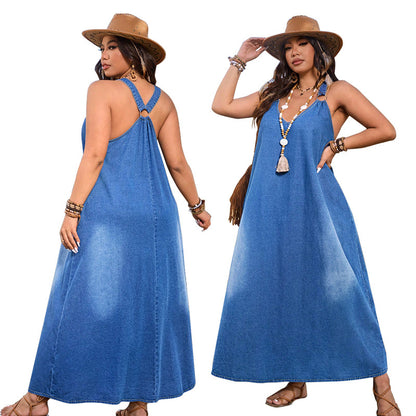 🎁Ingyenes ajándék -📿Gyönyörű nyaklánc☀️ Légáteresztő könnyű denim öltözet✨ Mély V-nyakú farmer maxi ruha – Racerback gyűrűs részlettel, francia elegancia!