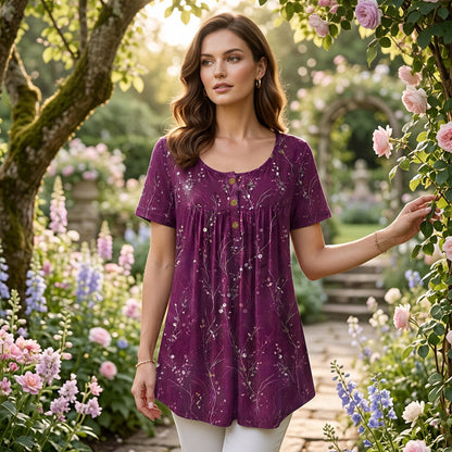 📢📢54 %-os kedvezmény!! 🌸👚Női plisszált tunika virágmintával -  Birodalmi derékvonal, fából készült gombok, könnyű anyag! ✨💫