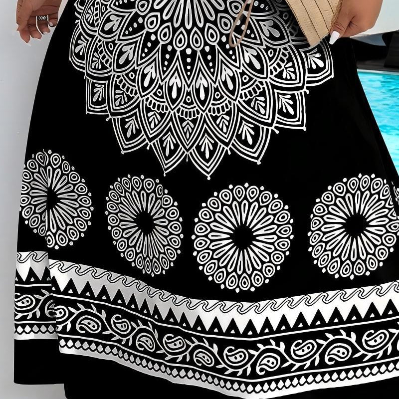 ⏰Az utolsó 50 darab!!!-🎁Ingyenes ajándék -📿Gyönyörű nyaklánc✨ Fekete strandruha estélyi öltözzé válik🖤 Mandala mintás bohém maxi ruha – Állítható cami pánt, kényelmes és nőies!