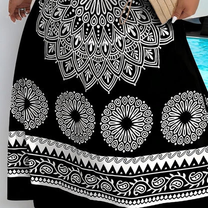 ⏰Az utolsó 50 darab!!!-🎁Ingyenes ajándék -📿Gyönyörű nyaklánc✨ Fekete strandruha estélyi öltözzé válik🖤 Mandala mintás bohém maxi ruha – Állítható cami pánt, kényelmes és nőies!