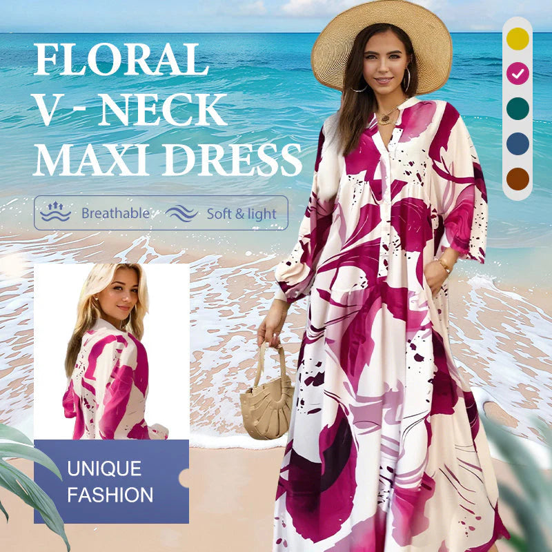 🎁Ingyenes ajándék🌸 Virágmintás maxi ruha✨ V-nyakú rétegelt ruha – Strandról estélyi eseményeken is tökéletes!