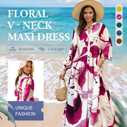 🎁Ingyenes ajándék🌸 Virágmintás maxi ruha✨ V-nyakú rétegelt ruha – Strandról estélyi eseményeken is tökéletes!