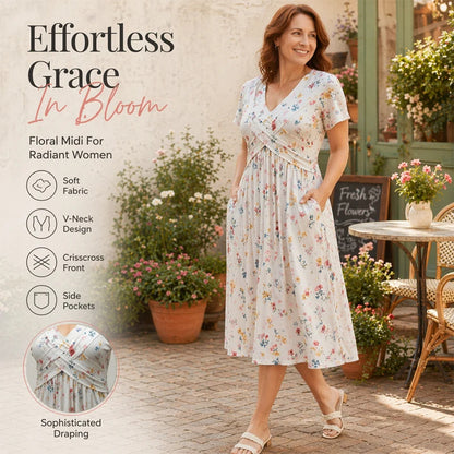 🎁Ingyenes gyönyörű nyaklánc👗🌸 Virágmintás midi ruha– V-nyak, crossover elöl, elegáns drapírozás – Oldalzsebekkel, puha és légáteresztő anyagból 🌿✨