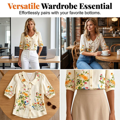 🌸 Virágmintás női blúz👚 Galléros félhosszú ujjú felső– Vintage stílus, széles méretválaszték!