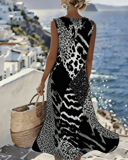 🎁⏰Az utolsó 50 darab🔥Leopárdmintás patchwork midi ruha🐆Nyári egyedi leopárd ruha színblokkos dizájnnal – Légáteresztő anyag S–3XL méretben!