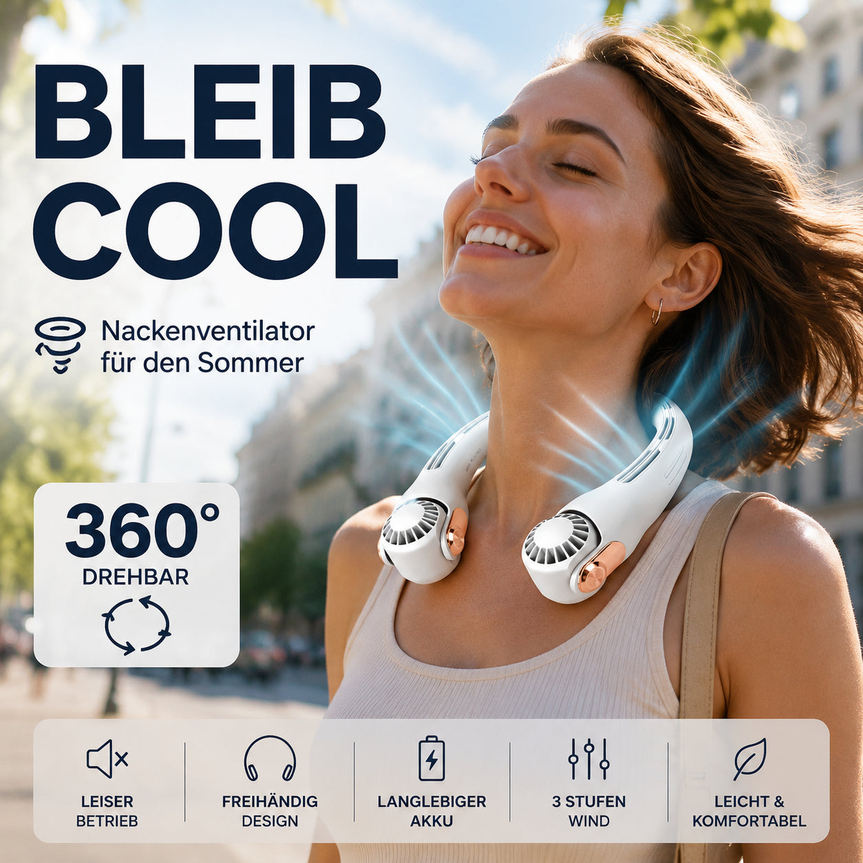 🌀 360°-ban forgatható nyakventilátor – USB-töltés, hosszú akkumulátor-élettartam 🌬️Kényelmesen hordozható, hűsítő hatás bárhol