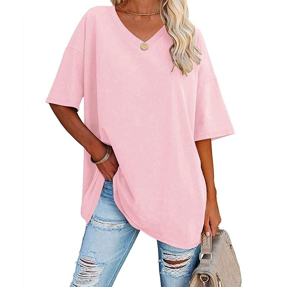 🎁Ingyenes ajándék👕 Laza szabású V-nyakú póló – Puha, könnyű, kényelmes🌸 Divatos, kiszélesedő szegély！