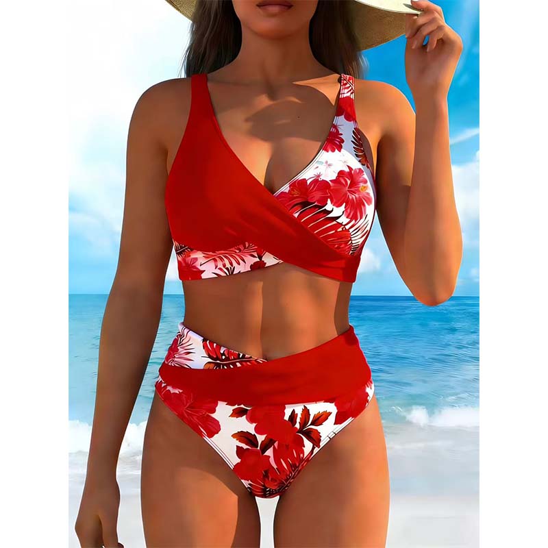 🎁Ingyenes ajándék -📿Gyönyörű nyaklánc👙 Körbeölelő felső V-kivágással + magas derekú alsó🌸 Élénk virágminták + kivehető párnázott betétek！