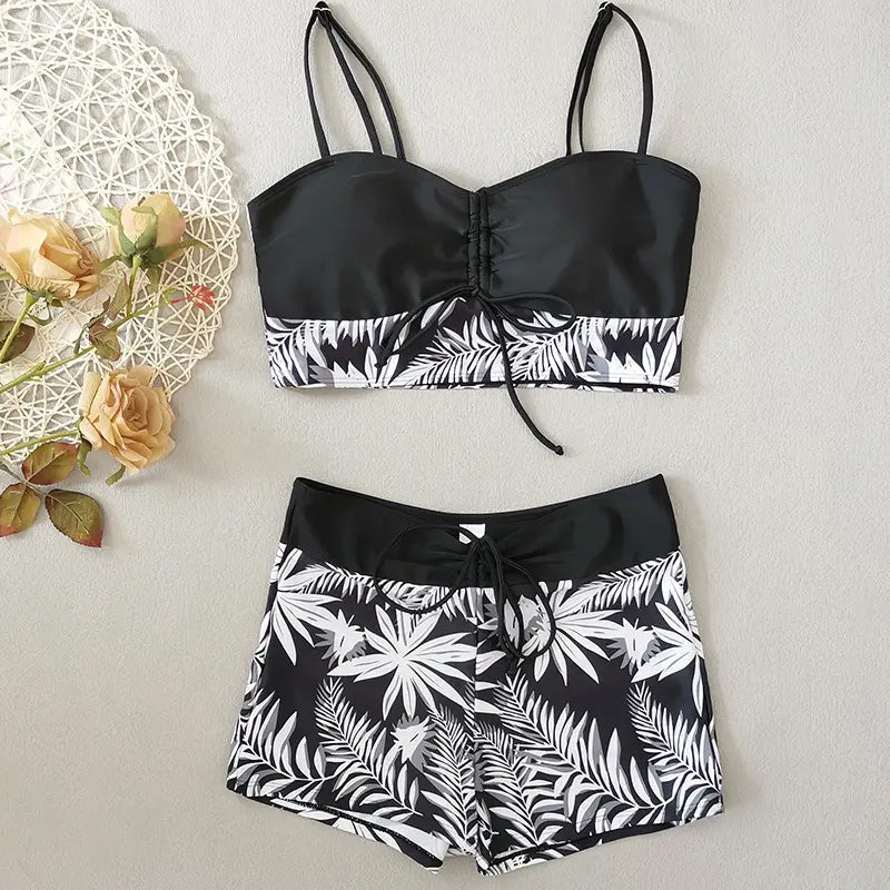 🎁 Ingyenes nyaklánc ajándék🌊 Gyorsan száradó két részes bikini👙 Magas derékú női fürdőruha – Boxer stílusú, élénk nyomattal és strandkényelemmel!