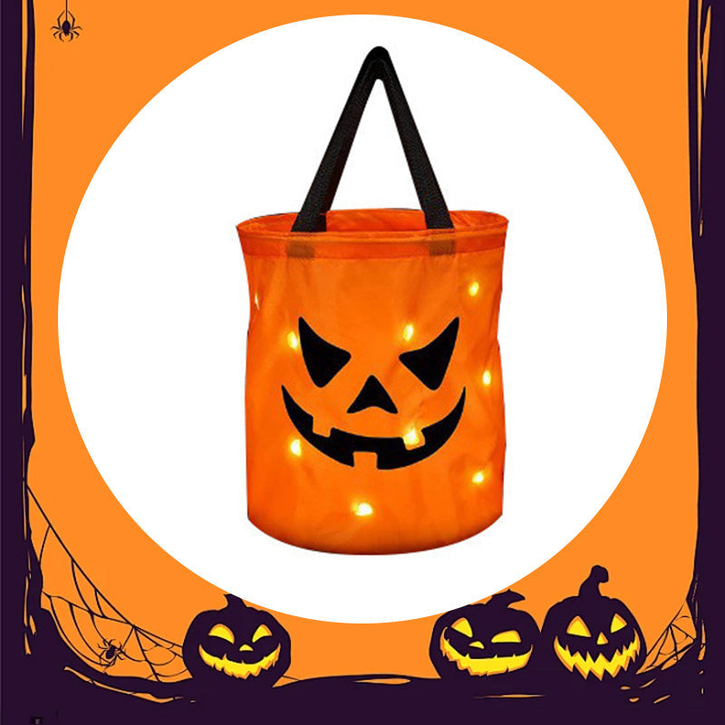 🎃✨Világító tök alakú édességes táska – LED-del, tágas belsővel – Tökéletes Halloweenre! 🍬👻