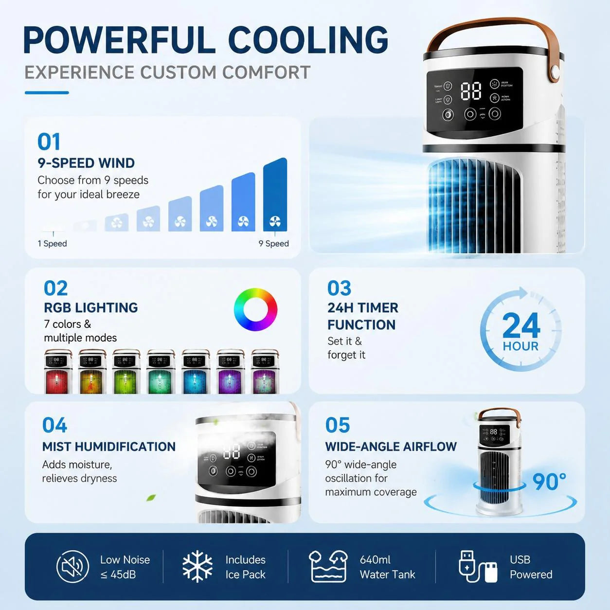 😍2026 tavaszi újdonságok❄️ Multifunkciós vízhűtéses ventilátor⏱️Hűtő + párásító + éjszakai lámpa + időzítő 💨 9 sebességfokozat, 7 színű LED, 90° oszcilláció🧊