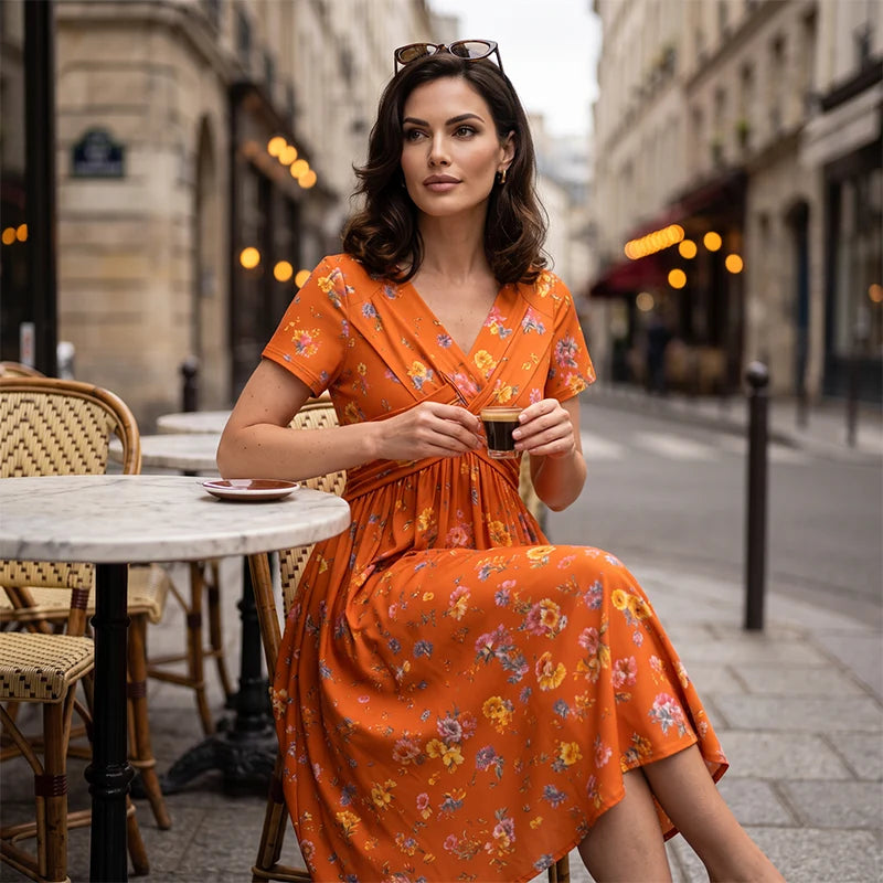 🎁Ingyenes gyönyörű nyaklánc👗🌸 Virágmintás midi ruha– V-nyak, crossover elöl, elegáns drapírozás – Oldalzsebekkel, puha és légáteresztő anyagból 🌿✨