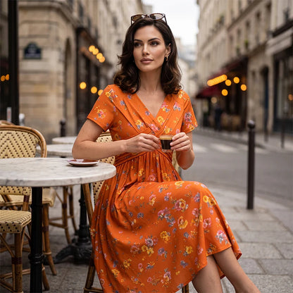 🎁Ingyenes gyönyörű nyaklánc👗🌸 Virágmintás midi ruha– V-nyak, crossover elöl, elegáns drapírozás – Oldalzsebekkel, puha és légáteresztő anyagból 🌿✨