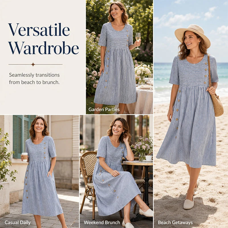 👗Új érkezők 50% kedvezménnyel💥Női, laza szabású, csíkos szabadidőruha🌸 Időtálló design, praktikus oldalzsebekkel, S–4XL-ig! ✨💫