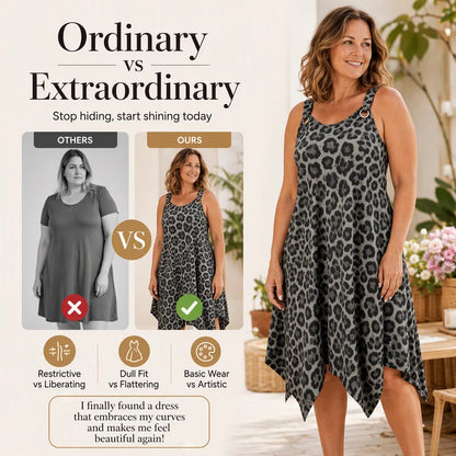👗🐆 Leopard mintás plus size ruha – Ujjatlan, szabálytalan szegéllyel, laza szabással, 1XL–5XL-ig! ✨💃