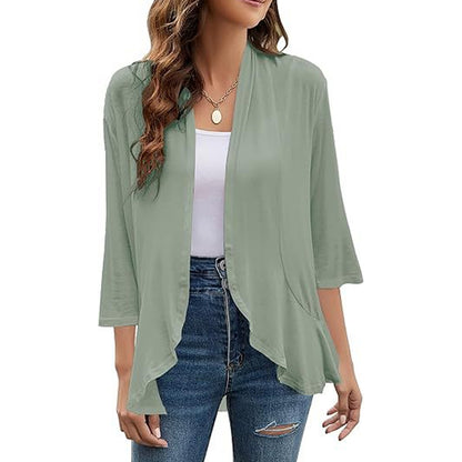 🌟🌸 Elegáns nyitott kardigán szett – Fodros szegéllyel, háromnegyedes ujjakkal, S–3XL-ig, 4 színben! ✨💃