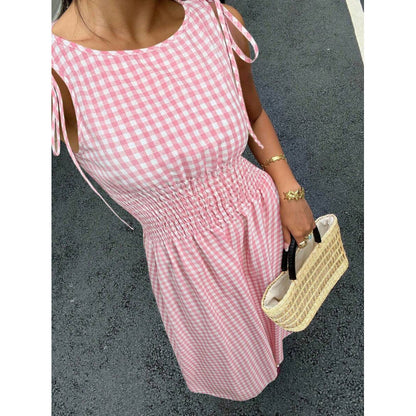 ⏰💥45% árcsökkentés👗 Könnyed vintage gingham nyári ruha🎀 Smockolt felsőrész + állítható kötőpántok 🌬️Prémium légáteresztő anyag！