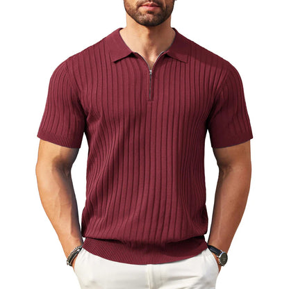 🎁Ingyenes ajándék-📿Gyönyörű karkötő✨ Bordás kötött prémium felső👕 Sportos sziluettű férfi póló – Állítható gallér + negyedzipper, sokoldalú mindennapokra!