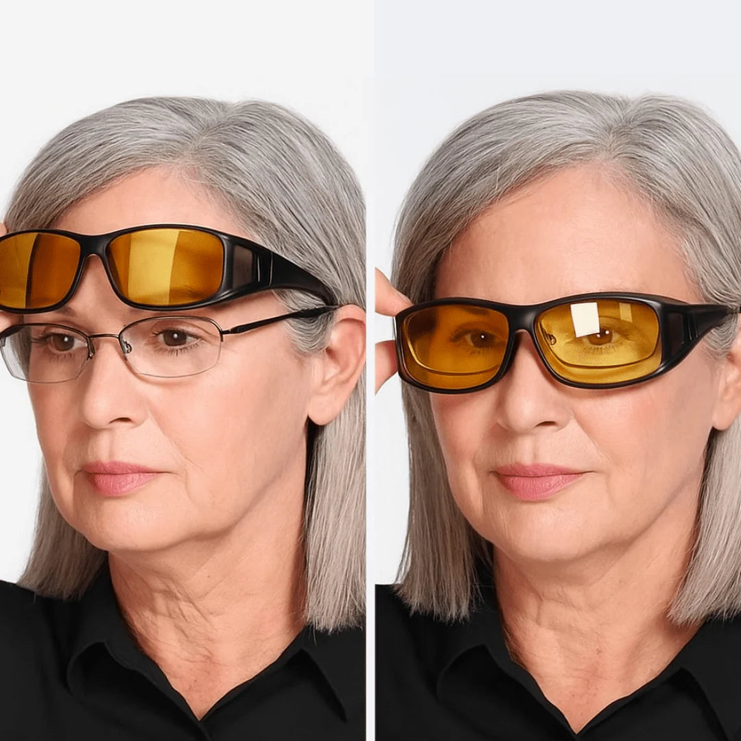 🌙 Sárga polarizált éjszakai vezetőszemüveg👓 2 az 1-ben éjszakai szemüveg – Mehet a dioptriás szemüveged fölé is！