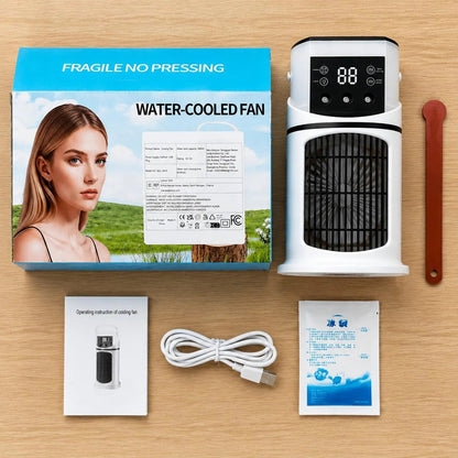 😍2026 tavaszi újdonságok❄️ Multifunkciós vízhűtéses ventilátor⏱️Hűtő + párásító + éjszakai lámpa + időzítő 💨 9 sebességfokozat, 7 színű LED, 90° oszcilláció🧊