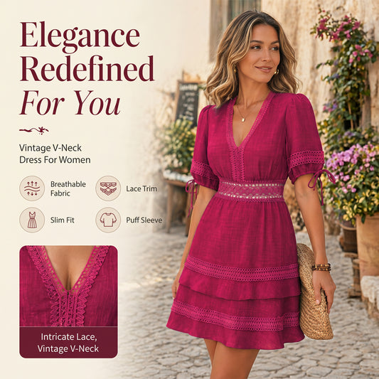 📿Ingyenes gyönyörű nyaklánc👗🌸 Elegáns V-nyakú vintage ruha nőknek👑Csipke, bő ujj, karcsúsító derék！