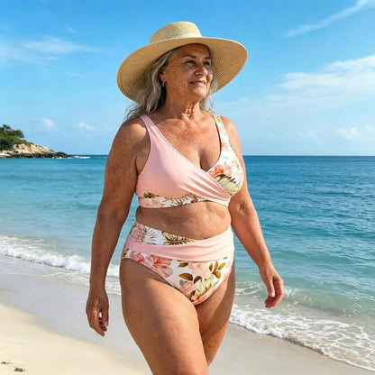 🎁Ingyenes ajándék -📿Gyönyörű nyaklánc👙 Körbeölelő felső V-kivágással + magas derekú alsó🌸 Élénk virágminták + kivehető párnázott betétek！
