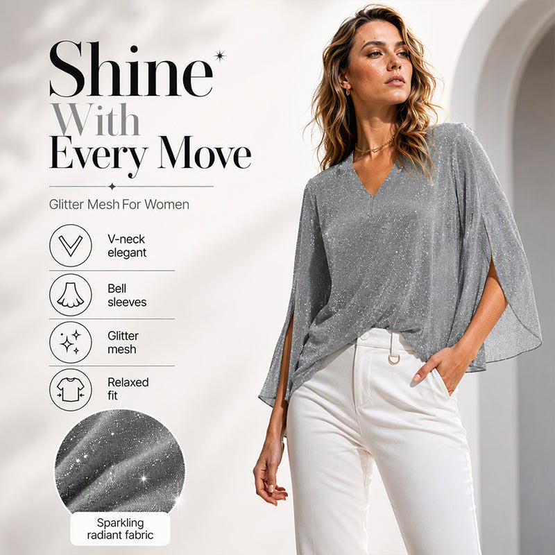 📿Ingyenes rózsa nyaklánc🌙💫 Glitter hálós V-nyakú felső – Csengő ujjakkal, laza szabással, S–5XL-ig, 8 színben! 💃🌟