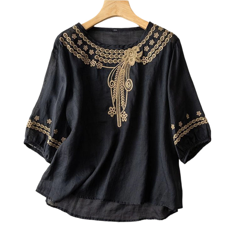 📿Ingyenes gyönyörű nyaklánc🌸 Gyönyörű hímzés és kivágások – Elegáns környakkivágás, laza lengő szabás – 👚Lélegző pamut-len keverék!
